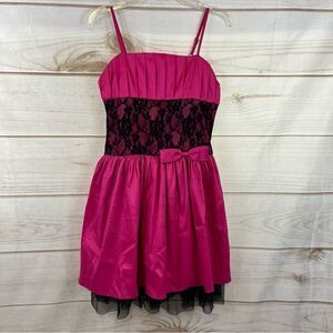 Girls Jessica McClintock Hot Pink & Black Lace Inset Party Dress Size 12